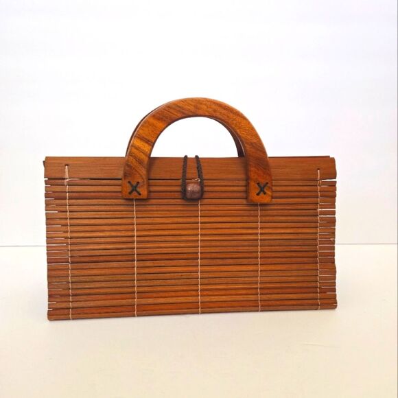 Boho Wooden Colapsible Small Purse Top Handle Mini Bag - Picture 7 of 10